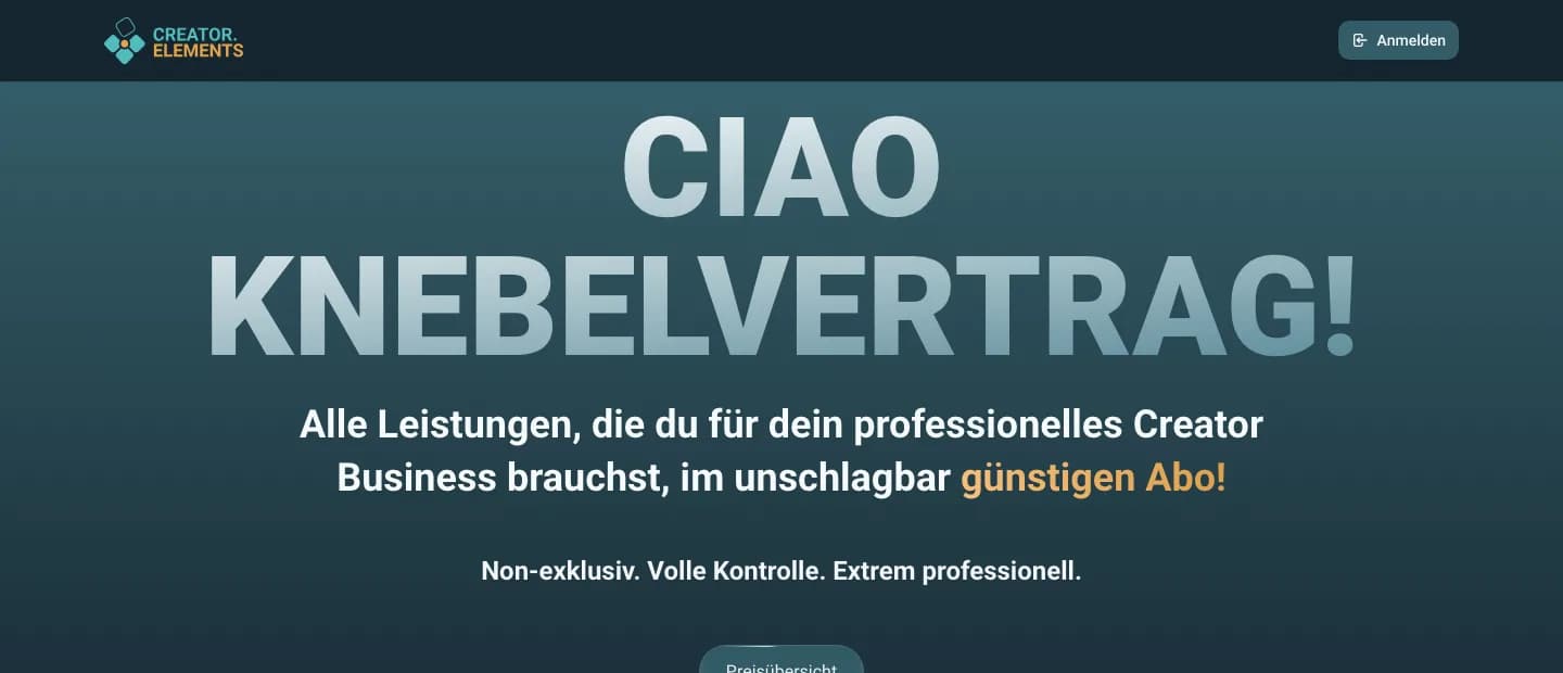 Startseite von creatorelements.de: „Ciao Knebelvertrag!“