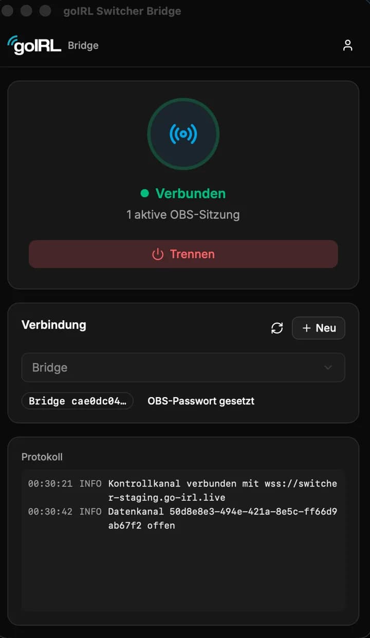 goIRL Switcher Bridge: verbunden, eine aktive OBS-Sitzung, Protokoll des Kontrollkanals