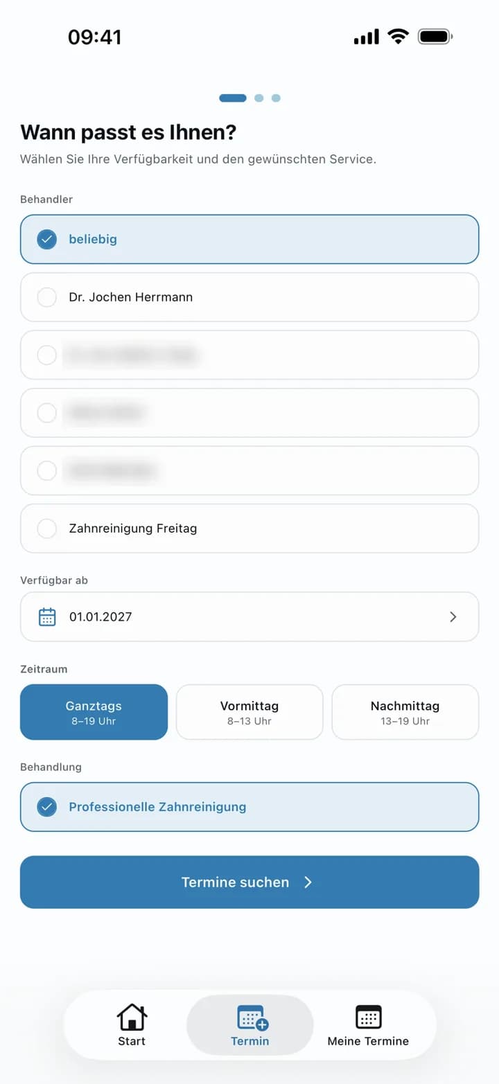 Termin-App der Praxis Dr. Herrmann: Auswahl von Behandler, Zeitraum und Behandlung
